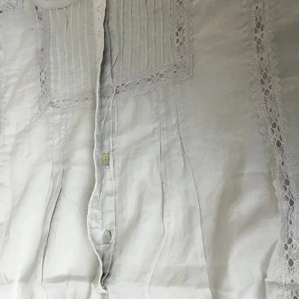 NWT Grey 100% Cotton Lace Trim Blouse 3/4 Sleeve Pin-tuck Shirt  Romantic  6-8 - Picture 8 of 16